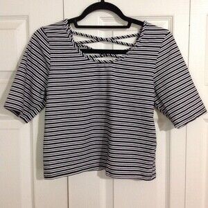 COTTON ON Large Cropped Black White Striped Crewneck Strappy Back Short Sleeves
